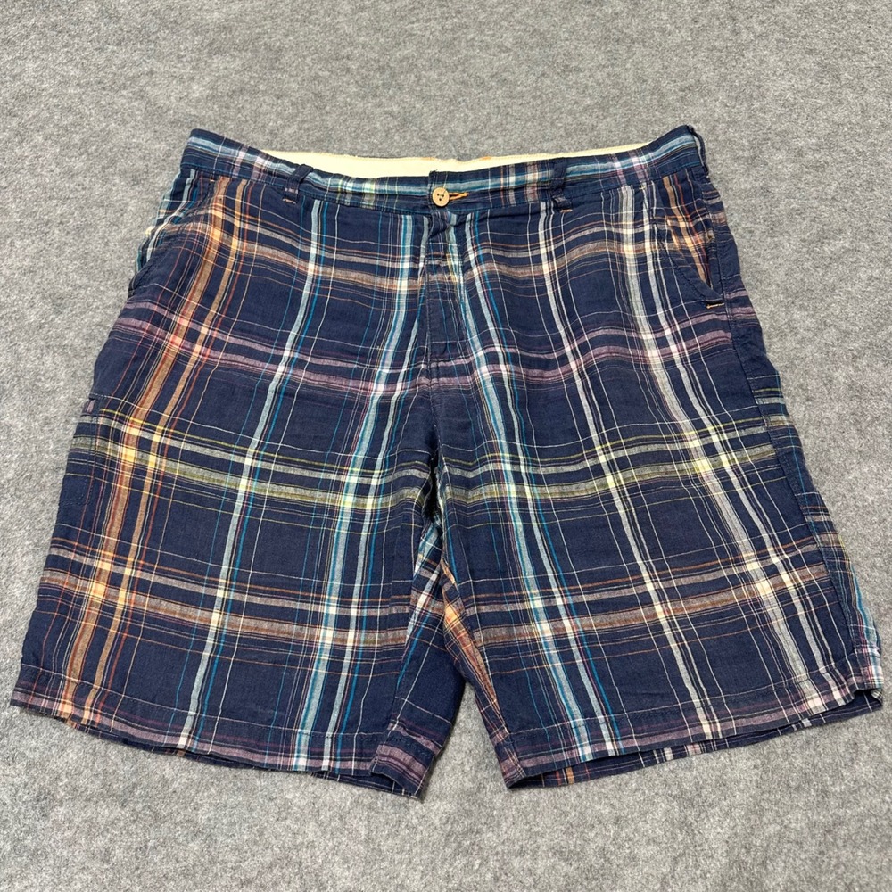 Tommy Bahama Relax Shorts Mens 38 Blue Plaid 100% Linen 10" Inseam Casual Beach